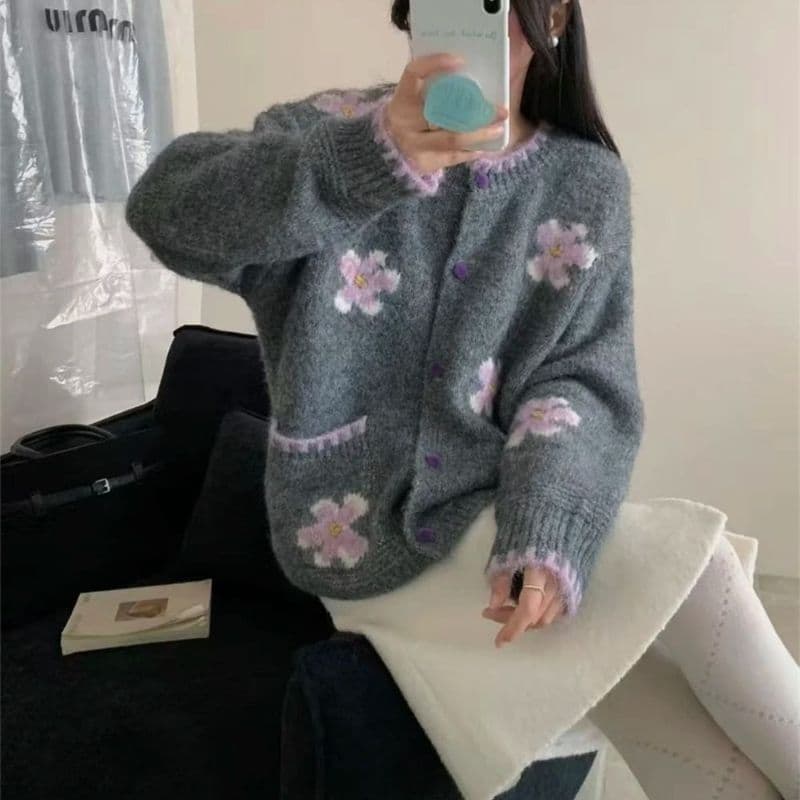 한 부서 레트로 꽃 배색 스웨터 여성 코트 가을 겨울 새로운 라운드 넥 싱글 줄 버튼 니트 오픈 가디건 부드러운 찹쌀 맨위