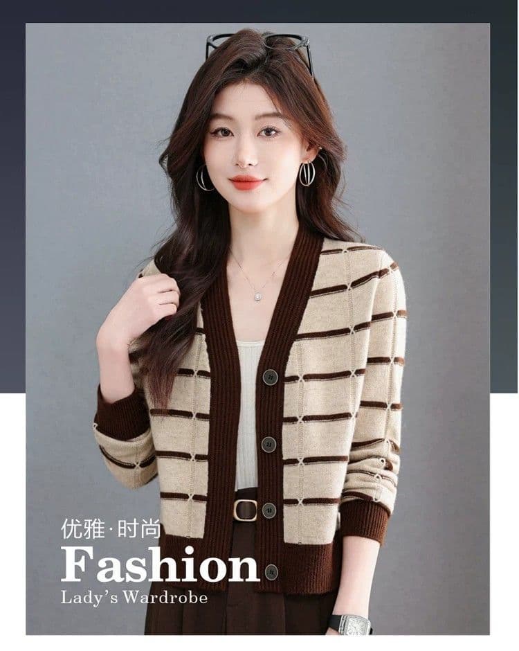 봄 가을 새로운 스트라이프 배색 V넥 니트 오픈 가디건 여성 짧은 패션 다용도 슬림해 보이는 연령 감소 스웨터 여성 코트 상세 이미지 1