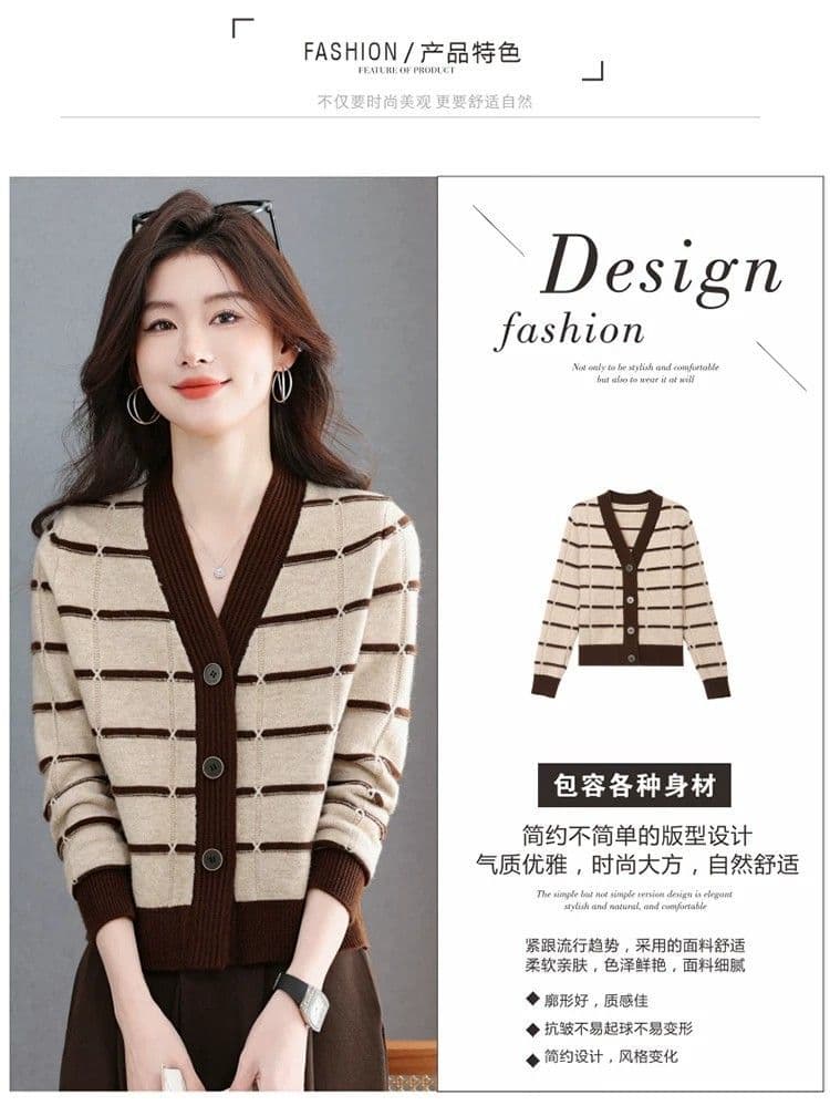 봄 가을 새로운 스트라이프 배색 V넥 니트 오픈 가디건 여성 짧은 패션 다용도 슬림해 보이는 연령 감소 스웨터 여성 코트 상세 이미지 3