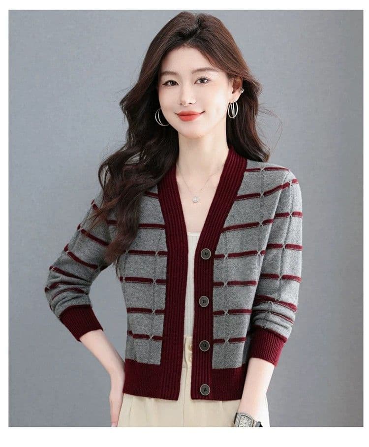 봄 가을 새로운 스트라이프 배색 V넥 니트 오픈 가디건 여성 짧은 패션 다용도 슬림해 보이는 연령 감소 스웨터 여성 코트 상세 이미지 21