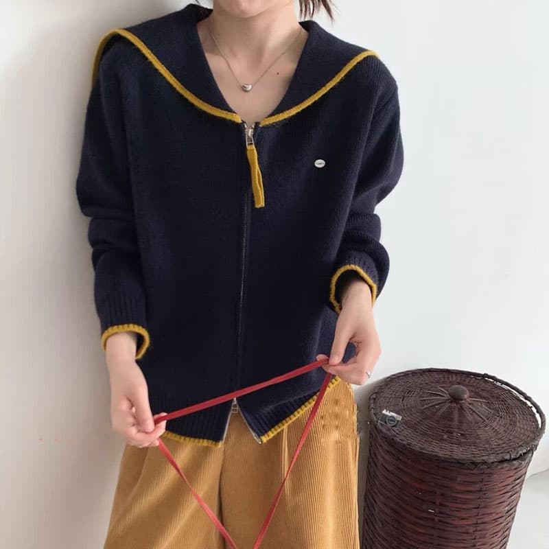 가을 의상 새로운 여성 한국 스타일 루즈핏 패션 달콤함 해군 칼라 스웨터 오픈 가디건 다용도 캐주얼 스웨터 코트 맨위 이미지 3