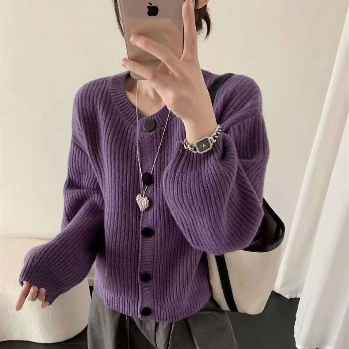 한 부서 미니멀리즘 부드러운 바람 가을 겨울 새로운 두꺼운 라운드 넥 스웨터 폭발 짧은 오픈 가디건 니트 다용도 슬림해 보이는 재킷 이미지 2