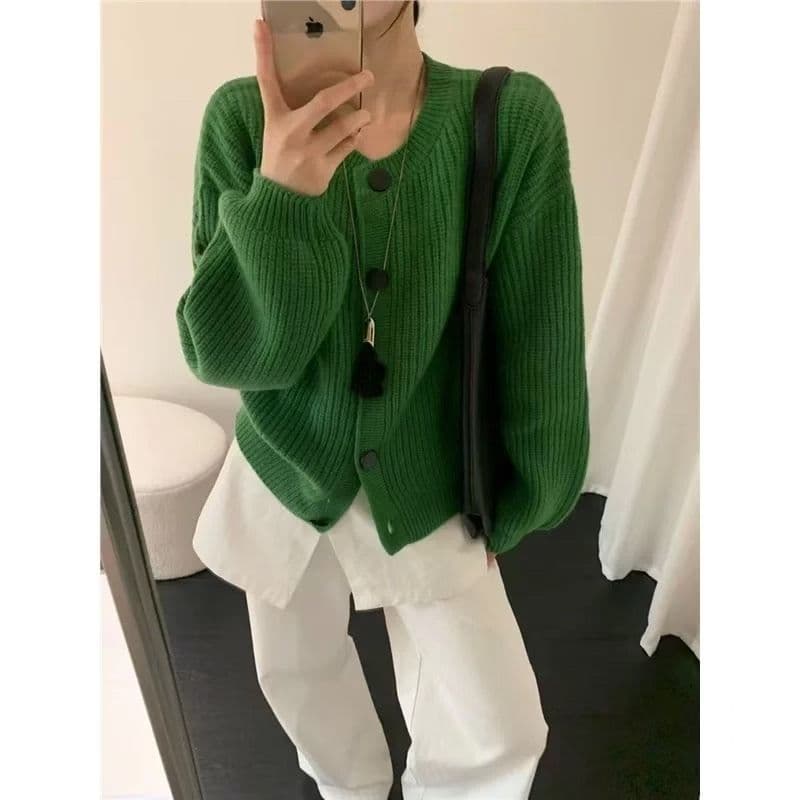한 부서 미니멀리즘 부드러운 바람 가을 겨울 새로운 두꺼운 라운드 넥 스웨터 폭발 짧은 오픈 가디건 니트 다용도 슬림해 보이는 재킷 이미지 5
