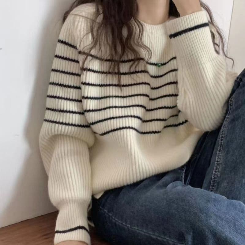 미니멀리즘 한국 스타일 품격 순양모 니트 스웨터 여성 스트라이프 라운드 넥 외출용 슬림해 보이는 외국 가스 긴팔 만나는 니트 스웨터 상세 이미지 26