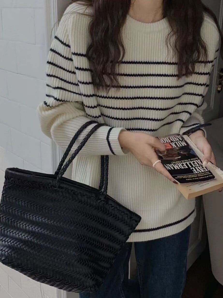 미니멀리즘 한국 스타일 품격 순양모 니트 스웨터 여성 스트라이프 라운드 넥 외출용 슬림해 보이는 외국 가스 긴팔 만나는 니트 스웨터 상세 이미지 27