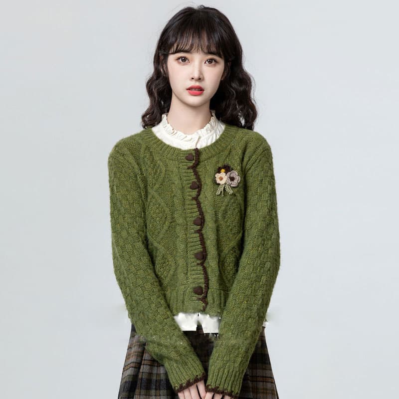 한 부서 페이크 레이어드 꽈배기 스웨터 여자 가을 겨울 패션 새로운 셔츠 패치워크 두꺼운 니트 오픈 가디건 쇼트 스타일 맨위