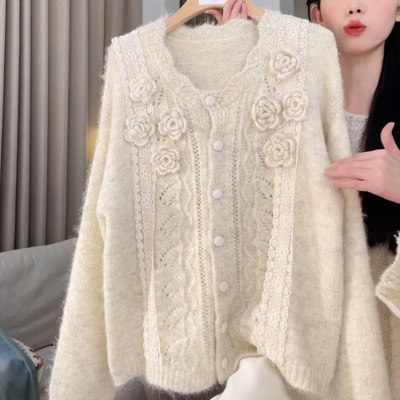 프랑스식 부드러운 바람 3 차원 자수 니트 스웨터 오픈 가디건 봄 가을 겨울 새로운 부드러운 찹쌀 바람 홀로우 아웃 스웨터 맨위 재킷 상세 이미지 12
