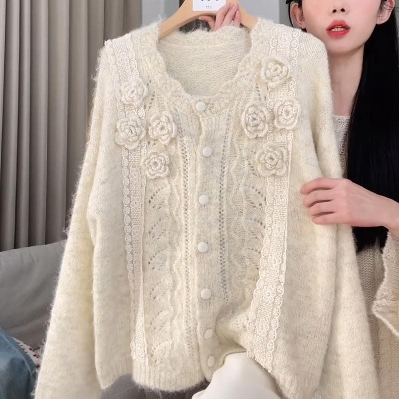 프랑스식 부드러운 바람 3 차원 자수 니트 스웨터 오픈 가디건 봄 가을 겨울 새로운 부드러운 찹쌀 바람 홀로우 아웃 스웨터 맨위 재킷 상세 이미지 14