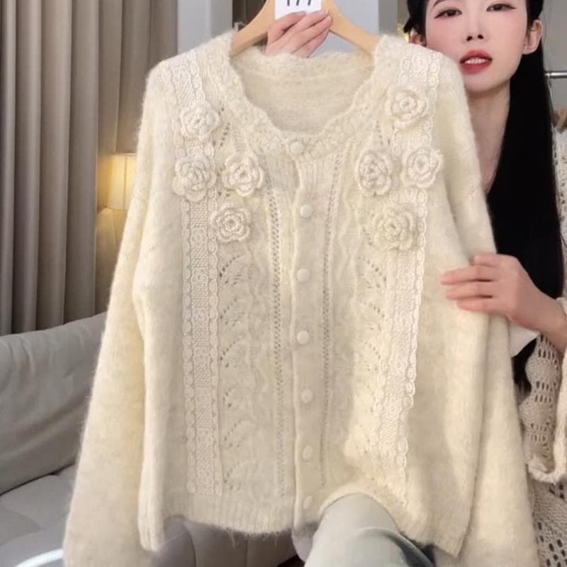 프랑스식 부드러운 바람 3 차원 자수 니트 스웨터 오픈 가디건 봄 가을 겨울 새로운 부드러운 찹쌀 바람 홀로우 아웃 스웨터 맨위 재킷 상세 이미지 18