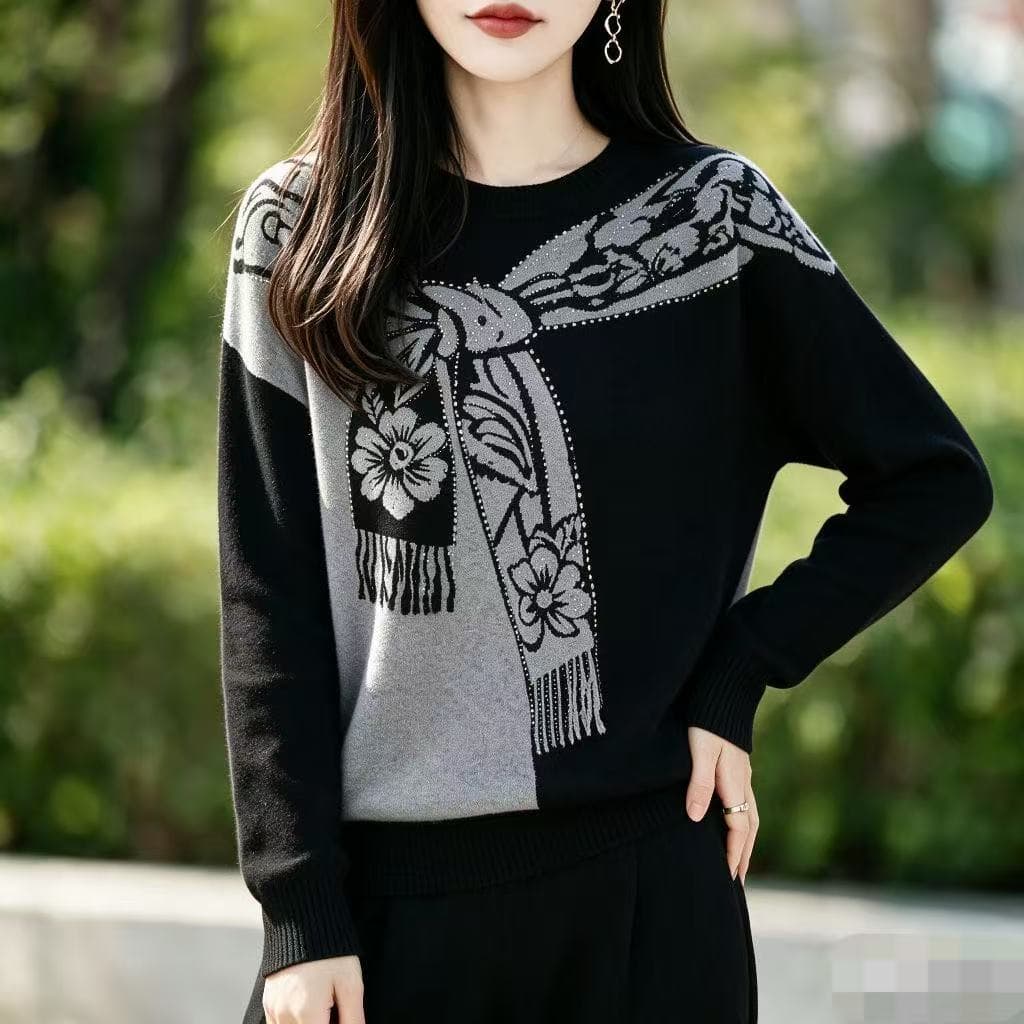 가을 겨울 새로운 루즈핏 연령 감소 슬림해 보이는 외국 가스 스웨터 패션 품격 패치워크 색상 자카드 긴팔 니트 스웨터 맨위 여성 상세 이미지 10