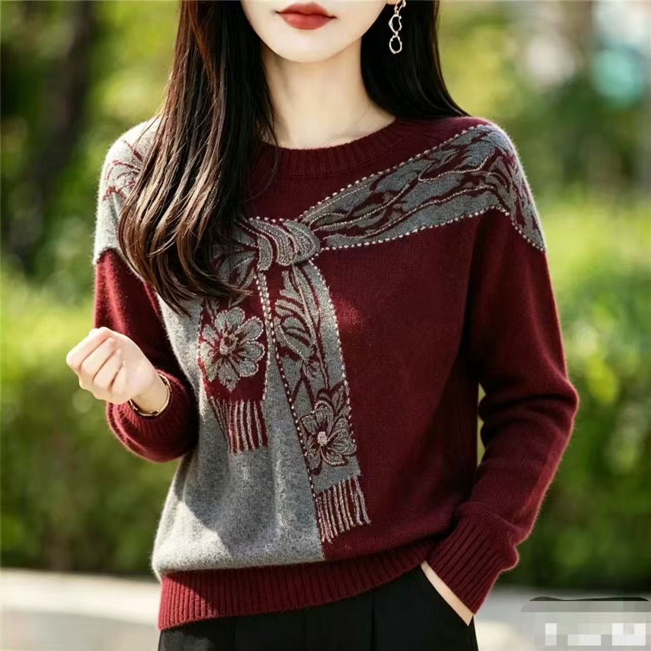 가을 겨울 새로운 루즈핏 연령 감소 슬림해 보이는 외국 가스 스웨터 패션 품격 패치워크 색상 자카드 긴팔 니트 스웨터 맨위 여성 상세 이미지 13
