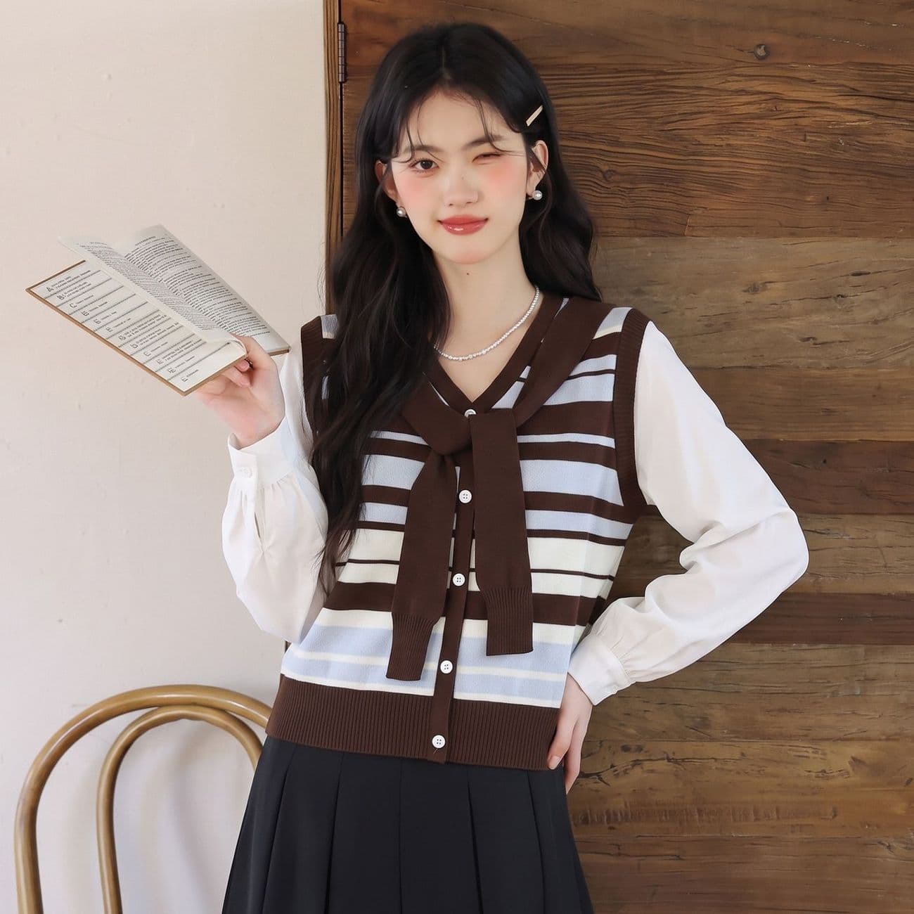 패션 패치워크 페이크 레이어드 스트라이프 긴팔 여성 셔츠 봄 가을 새로운 고유 한 아름다운 루즈핏 연령 감소 슬림해 보이는 맨위 이미지 3
