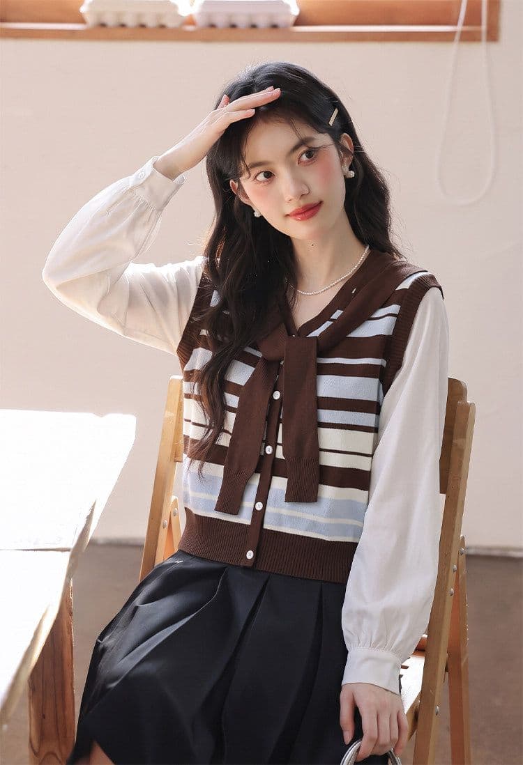 패션 패치워크 페이크 레이어드 스트라이프 긴팔 여성 셔츠 봄 가을 새로운 고유 한 아름다운 루즈핏 연령 감소 슬림해 보이는 맨위 상세 이미지 7