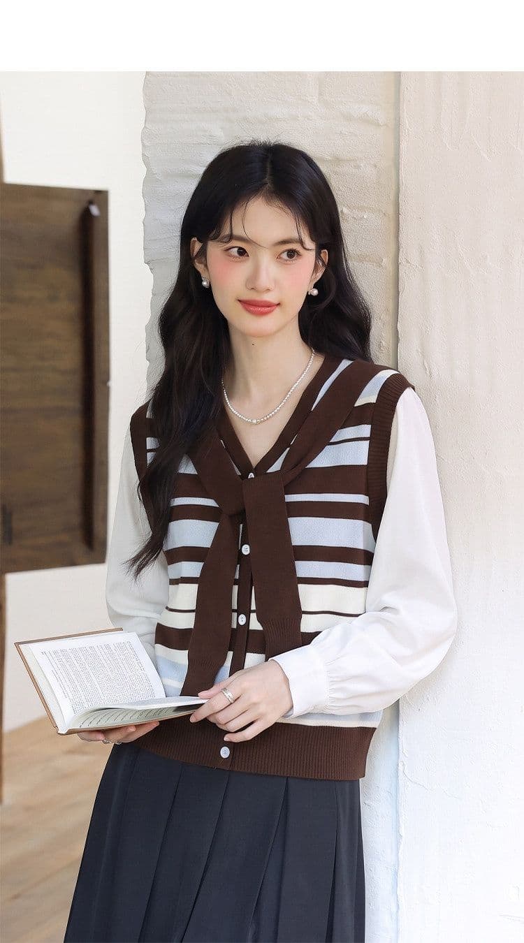 패션 패치워크 페이크 레이어드 스트라이프 긴팔 여성 셔츠 봄 가을 새로운 고유 한 아름다운 루즈핏 연령 감소 슬림해 보이는 맨위 상세 이미지 11