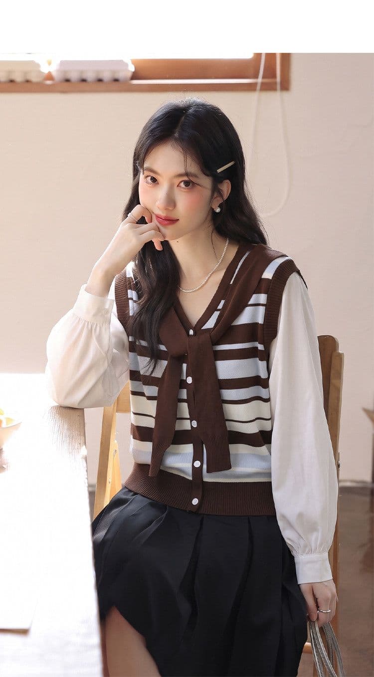 패션 패치워크 페이크 레이어드 스트라이프 긴팔 여성 셔츠 봄 가을 새로운 고유 한 아름다운 루즈핏 연령 감소 슬림해 보이는 맨위 상세 이미지 12
