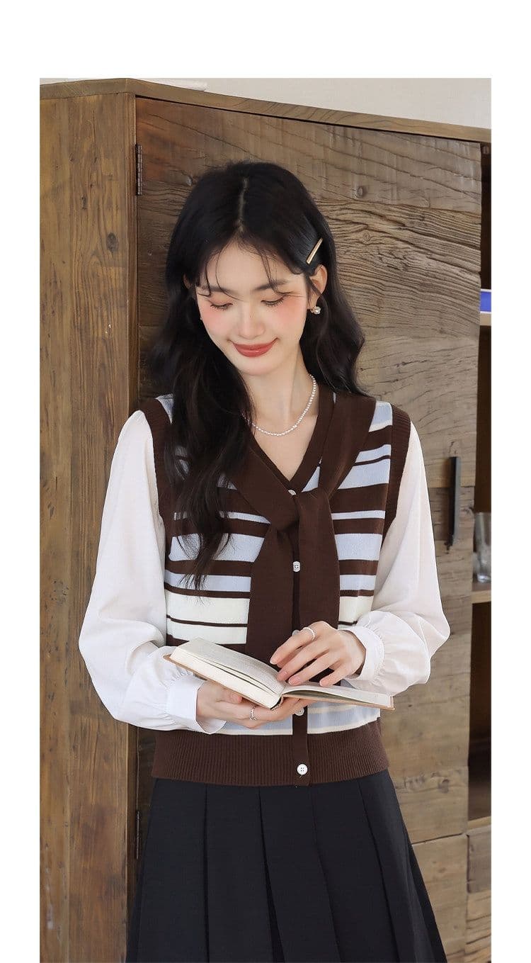 패션 패치워크 페이크 레이어드 스트라이프 긴팔 여성 셔츠 봄 가을 새로운 고유 한 아름다운 루즈핏 연령 감소 슬림해 보이는 맨위 상세 이미지 13