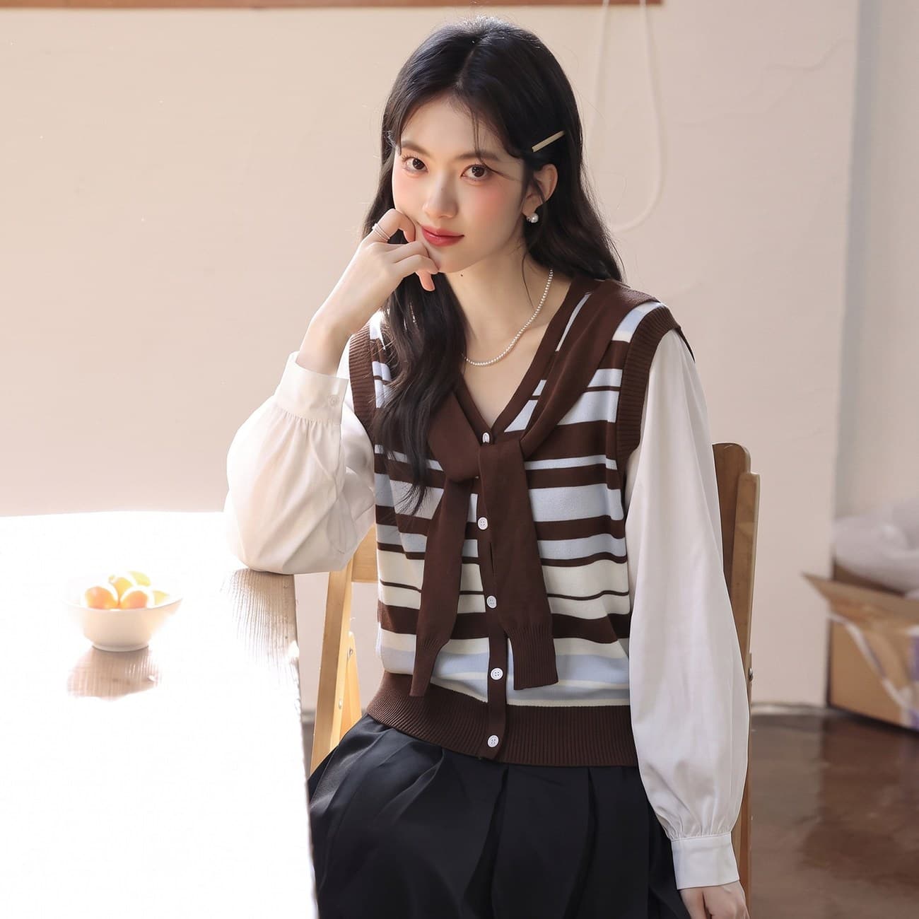 패션 패치워크 페이크 레이어드 스트라이프 긴팔 여성 셔츠 봄 가을 새로운 고유 한 아름다운 루즈핏 연령 감소 슬림해 보이는 맨위 상세 이미지 15