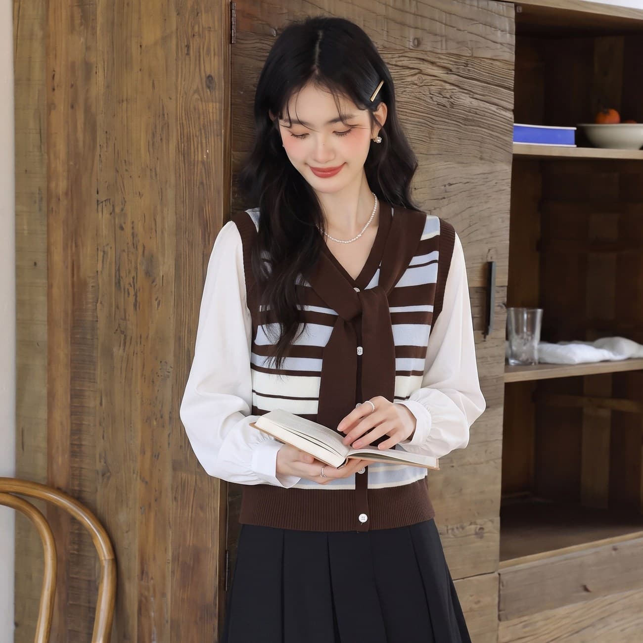 패션 패치워크 페이크 레이어드 스트라이프 긴팔 여성 셔츠 봄 가을 새로운 고유 한 아름다운 루즈핏 연령 감소 슬림해 보이는 맨위 상세 이미지 18
