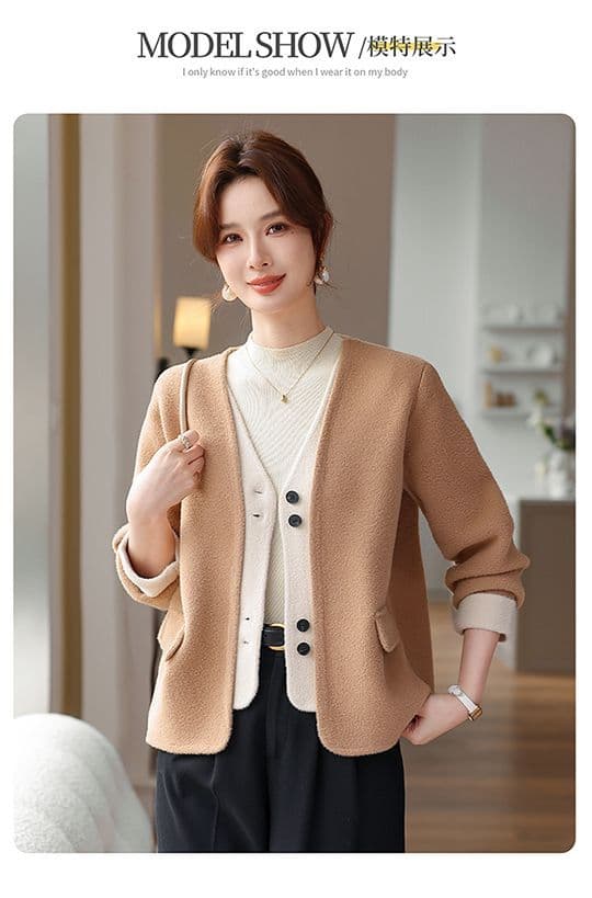 새로운 패션 자이언트 잘 생긴 외국 가스 V넥 니트 빅 사이즈 재킷 중년 여성 페이크 레이어드 오픈 가디건 맨위 여성 상세 이미지 10