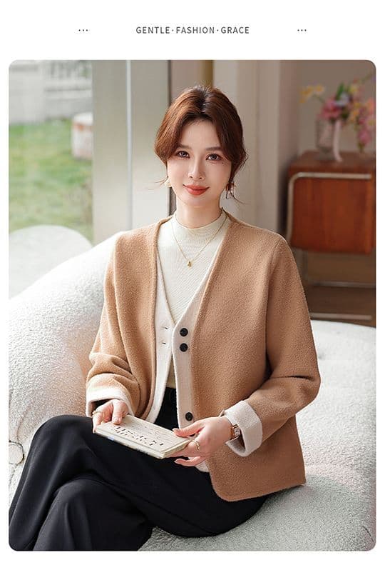 새로운 패션 자이언트 잘 생긴 외국 가스 V넥 니트 빅 사이즈 재킷 중년 여성 페이크 레이어드 오픈 가디건 맨위 여성 상세 이미지 13