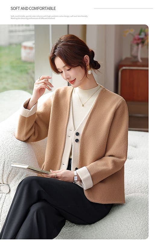 새로운 패션 자이언트 잘 생긴 외국 가스 V넥 니트 빅 사이즈 재킷 중년 여성 페이크 레이어드 오픈 가디건 맨위 여성 상세 이미지 14