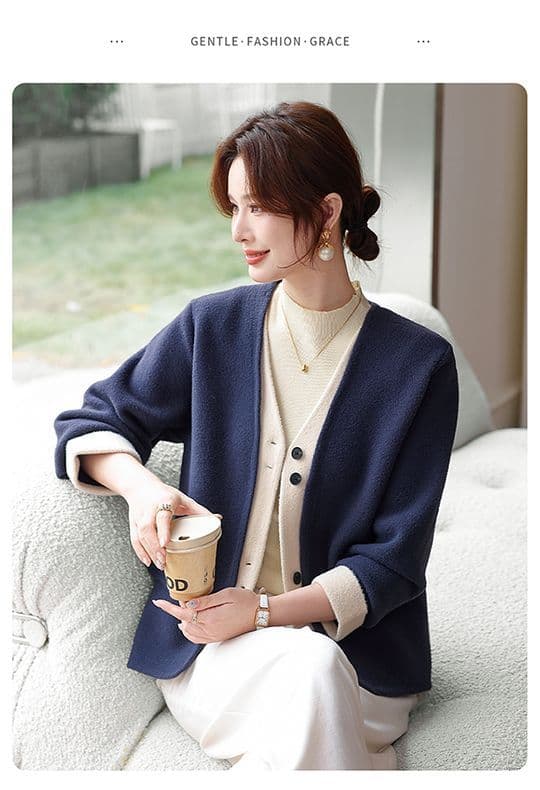새로운 패션 자이언트 잘 생긴 외국 가스 V넥 니트 빅 사이즈 재킷 중년 여성 페이크 레이어드 오픈 가디건 맨위 여성 상세 이미지 18