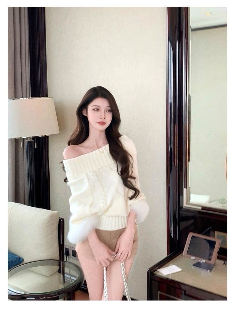 가을 겨울 이 커프스 모방 여우털 터틀넥 양모 혼방 꽈배기 니트 자켓 스웨터 여성 니트 스웨터 상세 이미지 12