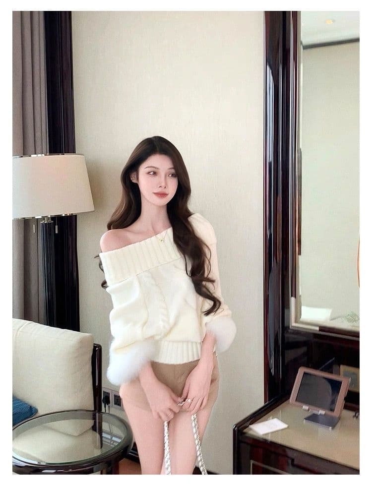 가을 겨울 이 커프스 모방 여우털 터틀넥 양모 혼방 꽈배기 니트 자켓 스웨터 여성 니트 스웨터 상세 이미지 13
