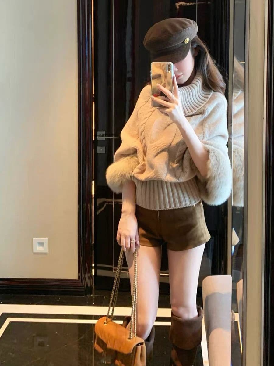 가을 겨울 이 커프스 모방 여우털 터틀넥 양모 혼방 꽈배기 니트 자켓 스웨터 여성 니트 스웨터 상세 이미지 16
