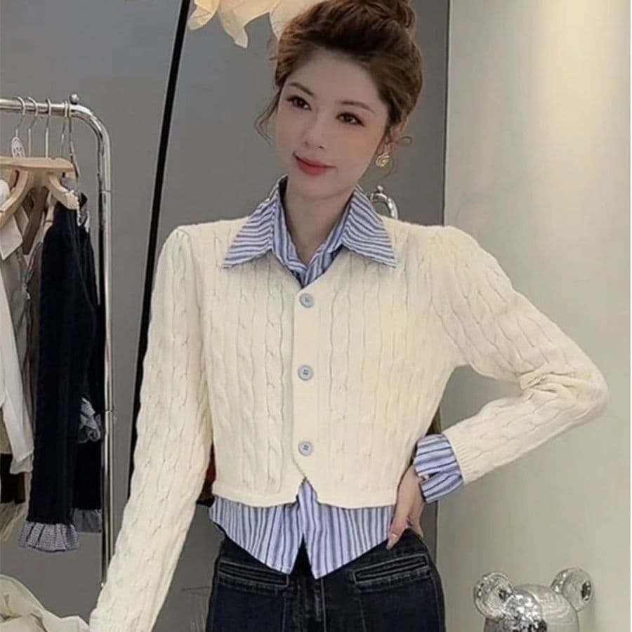 한 부서 패션 스트라이프 새로운 패치워크 셔츠 스웨터 POLO 칼라 두 조각 학원 스타일 다용도 니트 재킷 맨위