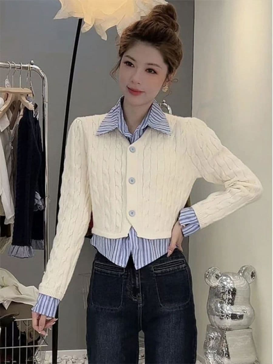 한 부서 패션 스트라이프 새로운 패치워크 셔츠 스웨터 POLO 칼라 두 조각 학원 스타일 다용도 니트 재킷 맨위 상세 이미지 28