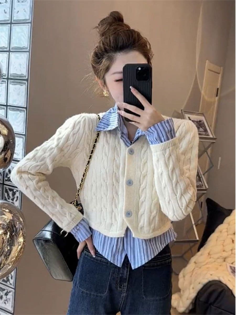한 부서 패션 스트라이프 새로운 패치워크 셔츠 스웨터 POLO 칼라 두 조각 학원 스타일 다용도 니트 재킷 맨위 상세 이미지 30