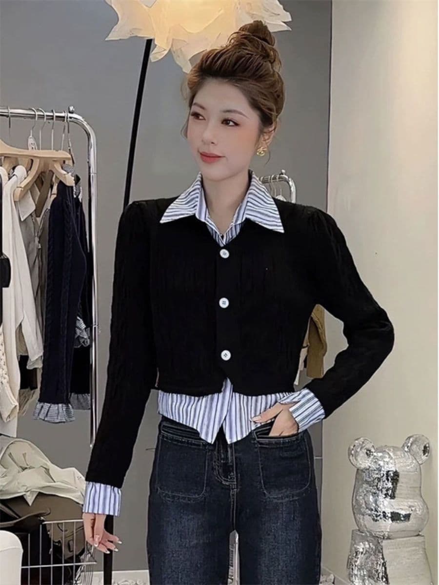 한 부서 패션 스트라이프 새로운 패치워크 셔츠 스웨터 POLO 칼라 두 조각 학원 스타일 다용도 니트 재킷 맨위 상세 이미지 33