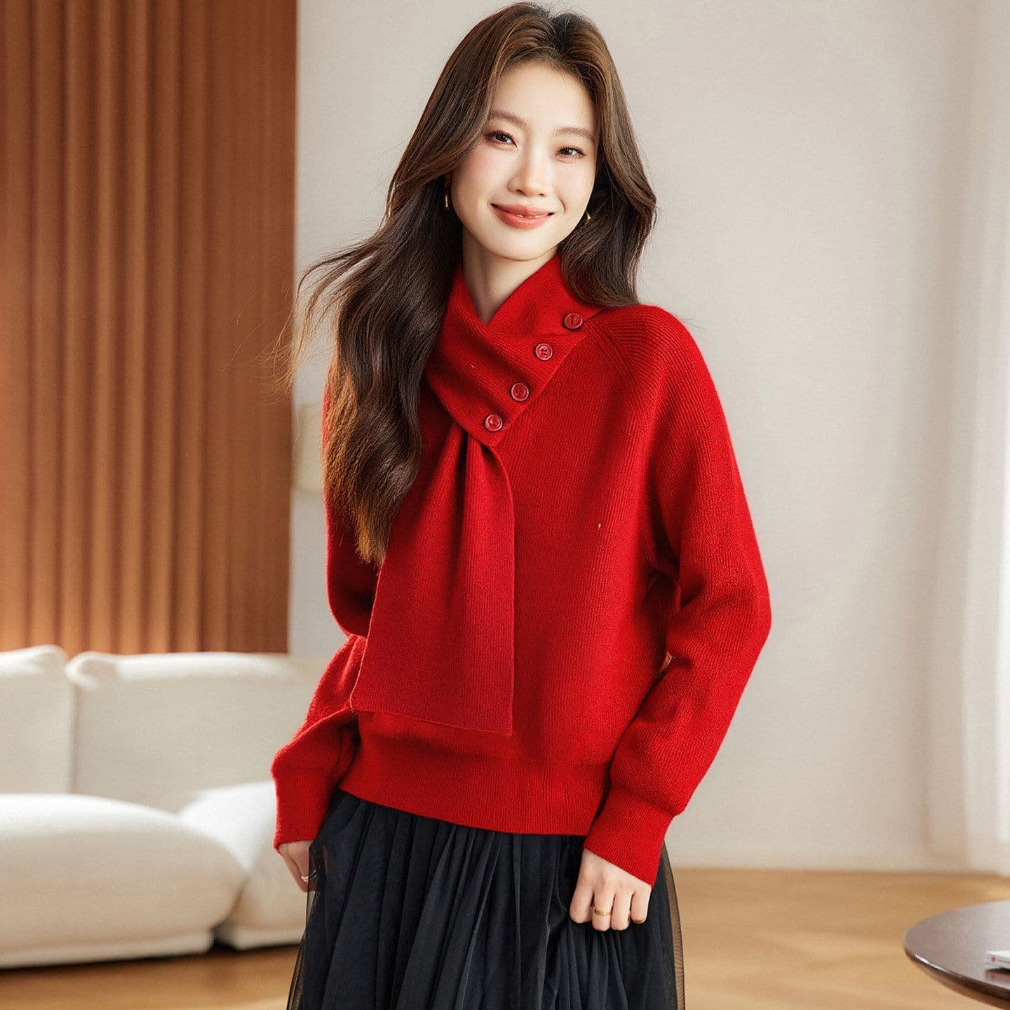 자이언트 잘 생긴 분위기 센스 탈착식 스카프 칼라 스웨터 여자 가을 겨울 새로운 루즈핏 디자인 센스 목도리 니트 맨위 이미지 5