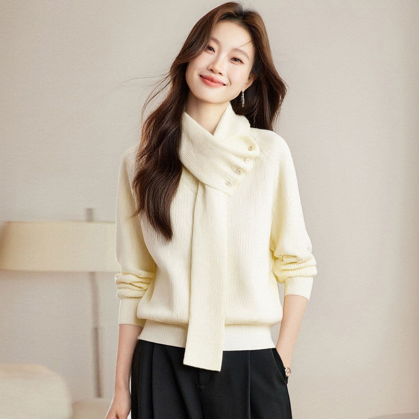 자이언트 잘 생긴 분위기 센스 탈착식 스카프 칼라 스웨터 여자 가을 겨울 새로운 루즈핏 디자인 센스 목도리 니트 맨위 이미지 3