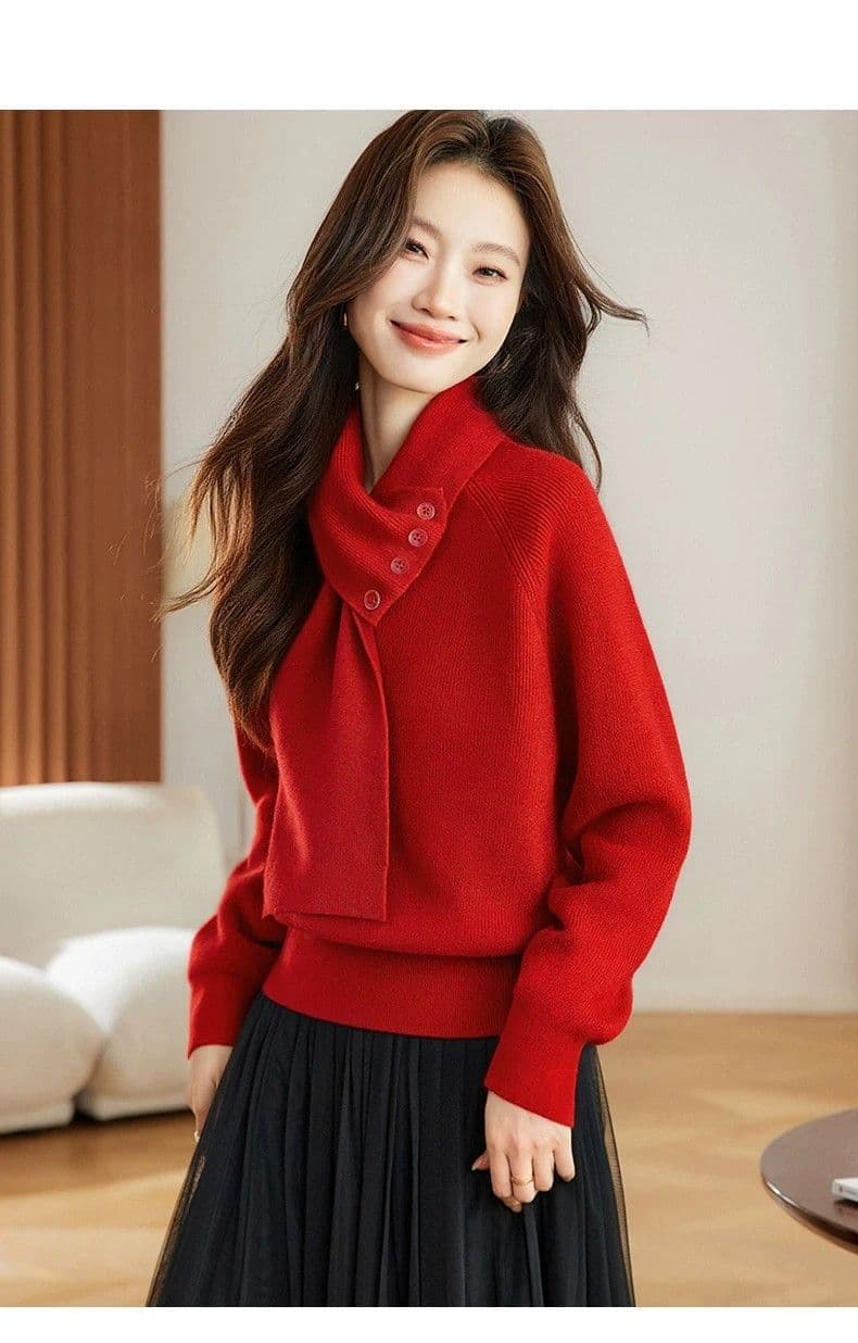 자이언트 잘 생긴 분위기 센스 탈착식 스카프 칼라 스웨터 여자 가을 겨울 새로운 루즈핏 디자인 센스 목도리 니트 맨위 상세 이미지 20