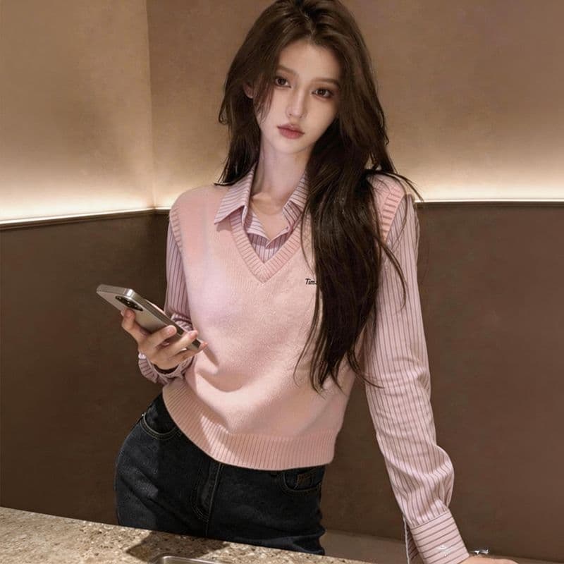 한 부서 학원 스타일 품격 페이크 레이어드 스트라이프 패치워크 여성 셔츠 봄 가을 새로운 패션 스택 착용 다용도 맨위 여성 이미지 3