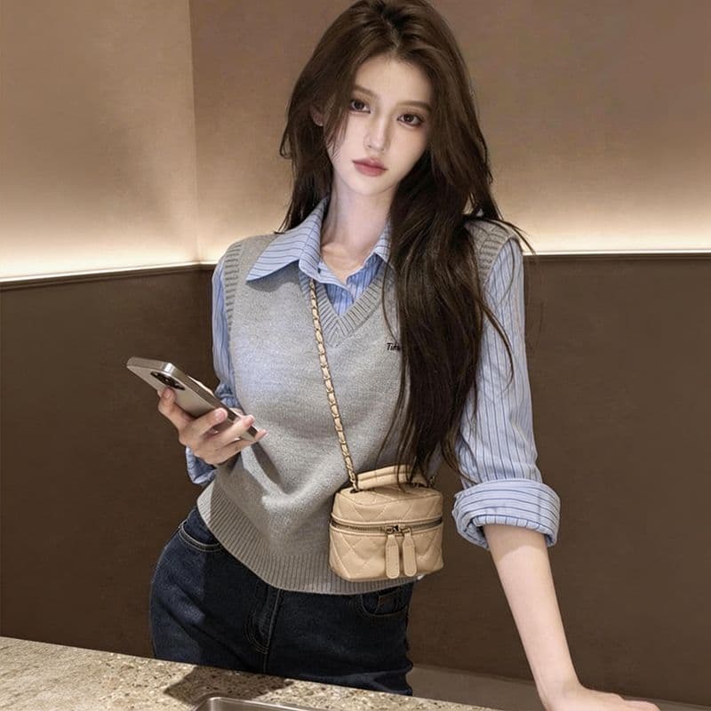 한 부서 학원 스타일 품격 페이크 레이어드 스트라이프 패치워크 여성 셔츠 봄 가을 새로운 패션 스택 착용 다용도 맨위 여성