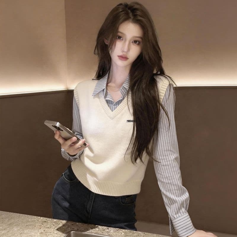 한 부서 학원 스타일 품격 페이크 레이어드 스트라이프 패치워크 여성 셔츠 봄 가을 새로운 패션 스택 착용 다용도 맨위 여성 이미지 5