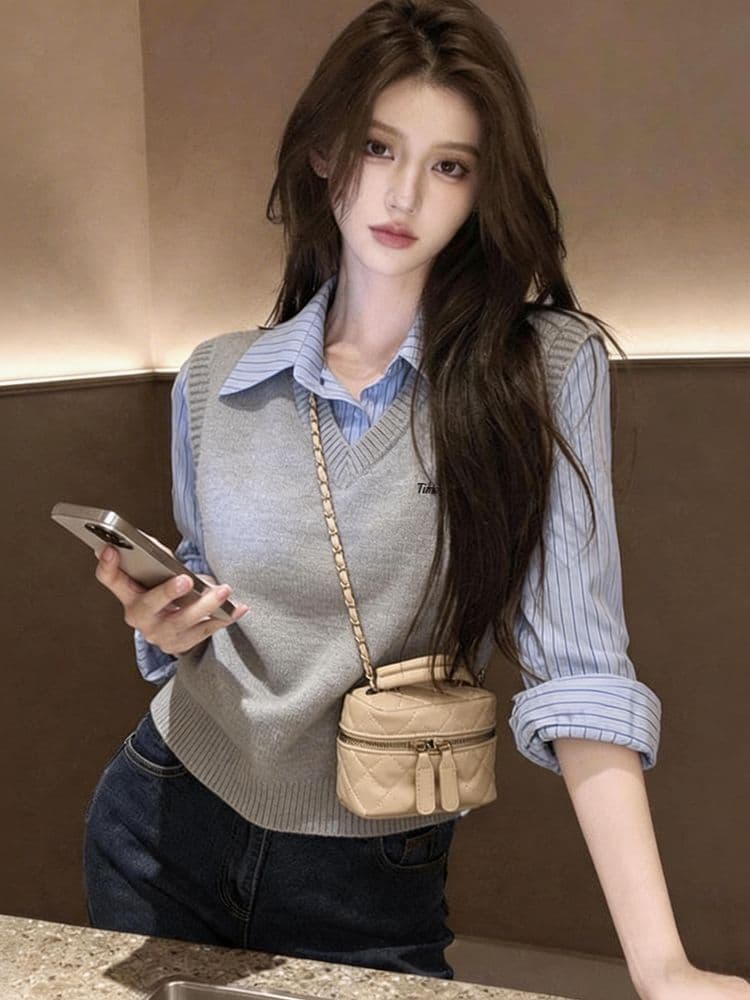 한 부서 학원 스타일 품격 페이크 레이어드 스트라이프 패치워크 여성 셔츠 봄 가을 새로운 패션 스택 착용 다용도 맨위 여성 상세 이미지 4