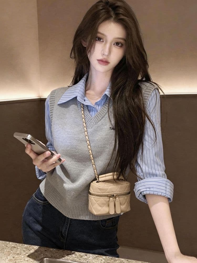 한 부서 학원 스타일 품격 페이크 레이어드 스트라이프 패치워크 여성 셔츠 봄 가을 새로운 패션 스택 착용 다용도 맨위 여성 상세 이미지 5