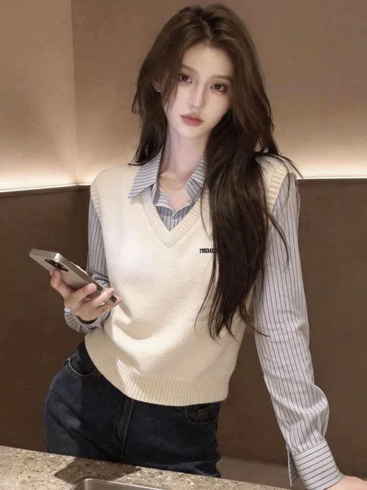 한 부서 학원 스타일 품격 페이크 레이어드 스트라이프 패치워크 여성 셔츠 봄 가을 새로운 패션 스택 착용 다용도 맨위 여성 상세 이미지 6