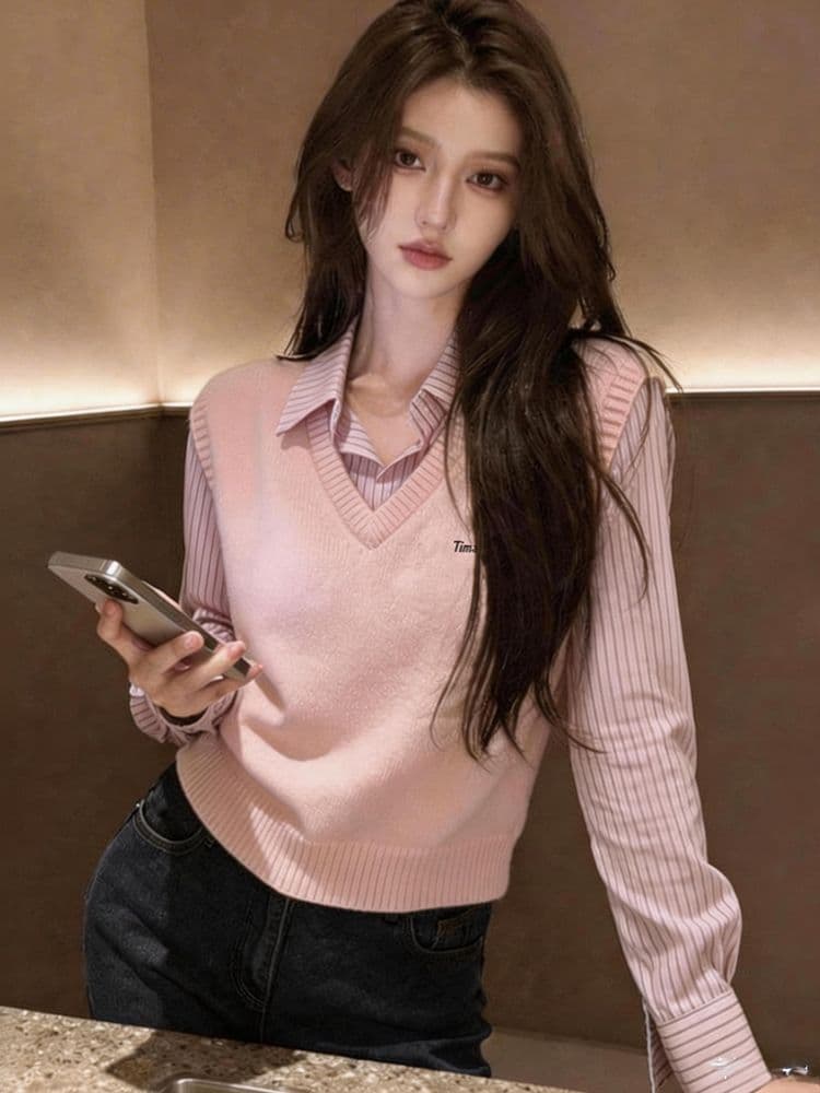 한 부서 학원 스타일 품격 페이크 레이어드 스트라이프 패치워크 여성 셔츠 봄 가을 새로운 패션 스택 착용 다용도 맨위 여성 상세 이미지 7