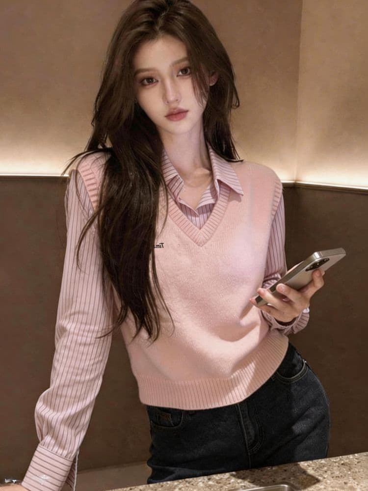 한 부서 학원 스타일 품격 페이크 레이어드 스트라이프 패치워크 여성 셔츠 봄 가을 새로운 패션 스택 착용 다용도 맨위 여성 상세 이미지 8