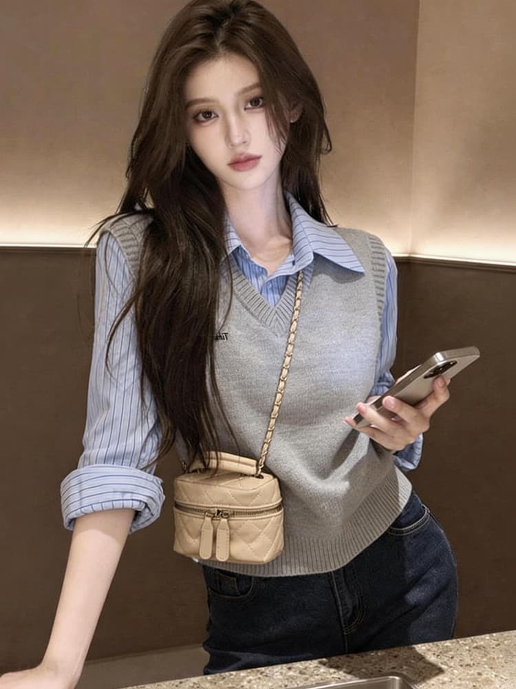 한 부서 학원 스타일 품격 페이크 레이어드 스트라이프 패치워크 여성 셔츠 봄 가을 새로운 패션 스택 착용 다용도 맨위 여성 상세 이미지 13