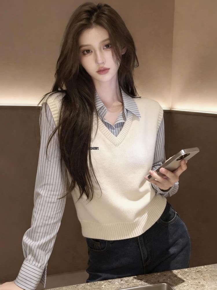 한 부서 학원 스타일 품격 페이크 레이어드 스트라이프 패치워크 여성 셔츠 봄 가을 새로운 패션 스택 착용 다용도 맨위 여성 상세 이미지 14