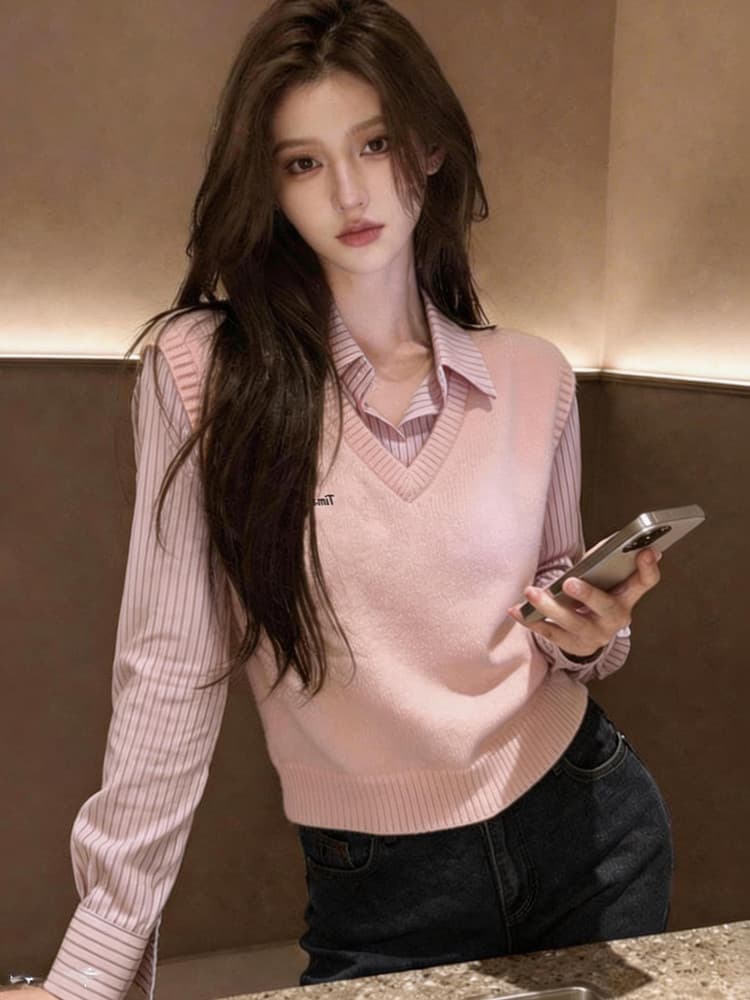 한 부서 학원 스타일 품격 페이크 레이어드 스트라이프 패치워크 여성 셔츠 봄 가을 새로운 패션 스택 착용 다용도 맨위 여성 상세 이미지 15