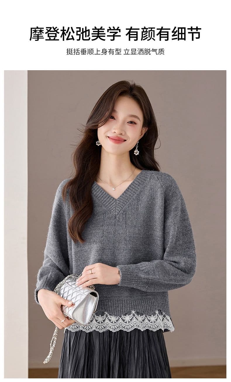 한 부서 패션 레이스 조각 페이크 레이어드 루즈핏 고급 센스 새로운 긴팔 니트 스웨터 여성 가을 의상 새로운 맨위 상세 이미지 7