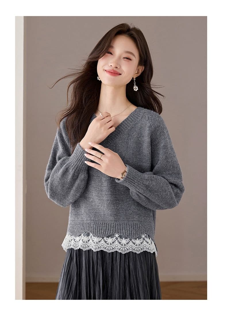 한 부서 패션 레이스 조각 페이크 레이어드 루즈핏 고급 센스 새로운 긴팔 니트 스웨터 여성 가을 의상 새로운 맨위 상세 이미지 13