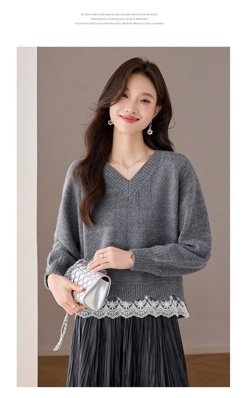 한 부서 패션 레이스 조각 페이크 레이어드 루즈핏 고급 센스 새로운 긴팔 니트 스웨터 여성 가을 의상 새로운 맨위 상세 이미지 16